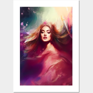 Beautiful Woman in Warm Abstract Color Swirl Posters and Art